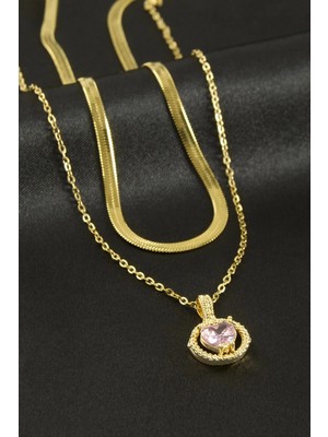 Datatek Kalp Zirkon Taşlı Çelik Ikili Kolye