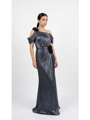 Bdm Exclusive El Işçiliği Drapeli Çiçek Aplikeli Özel Tasarım Uzun Abiye Elbise