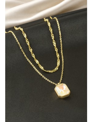 Datatek Dikdörtgen Taşlı Çelik Ikili Kolye