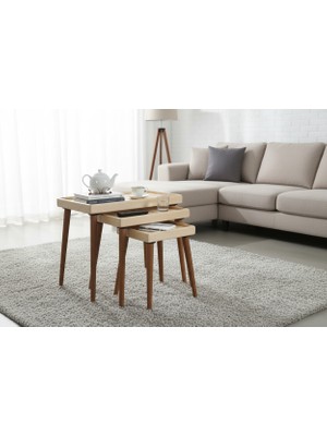 Mobenta Basic Nest-3 | Doğal Masif Ahşap 3\'lü Zigon Sehpa, Latalı - Bz