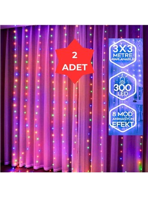 Yeco 2’li Set Rgb 300 LED Perde LED 3x3 Metre – 10 Sarkıtlı, 8 Modlu, Kumandalı, Çok Renkli Dekoratif Işık