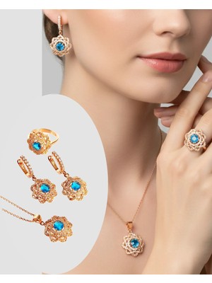 Keskin Gümüş 925 Ayar Gümüş Gold Gül Tasarım  Kolye Küpe Yüzük Kadın Set Doğum Günü Hediye No:12