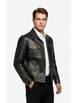 Deriderim Kahve Denim Astarlı Hakiki Deri Mont