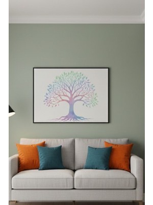 Safir Design Modern Yaşam Ağacı Çerçeveli Duvar Tablosu Pastel Renk Geçişli Tablo