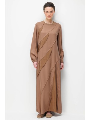 Micca %100 Doğal LyoCELL Dökümlü Soft Hissiyat Ara Aller Volan Detaylı Maxi Elbise-Kahve