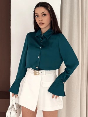 Vuntal Volan Kol Detaylı Saten Gömlek