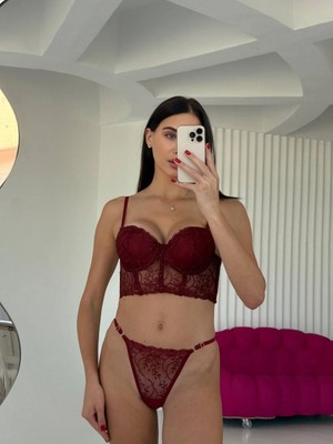 Arona Kadın Destekli Çiçek Desenli Brode Bordo Büstiyer Takımı