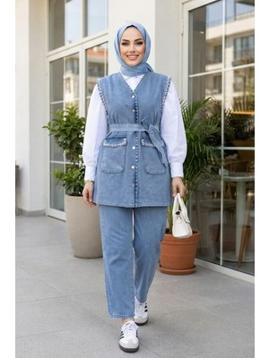 Kadın Taş Işlemeli Kuşaklı Yelek-Pantolon Açık Kot Mavi Ikili Takım