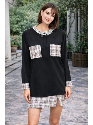 Zg Fashion Tweed Detaylı Krep Kumaş Bluz Tweed Mini Yırtmaçlı Etek