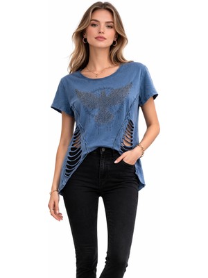 Erline Kadın Taşlı Cut-Out Detaylı T-Shırt