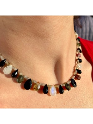 Doğaltaş Ay Taşı, Turmalin & Labradorit – Özel Tasarım Kolye