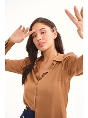 Sateen Vatkalı Saten Gömlek - Camel