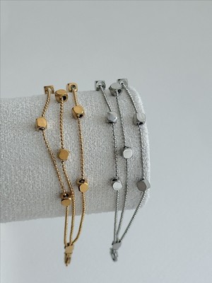 Qa Quella Accessories Çelik Üçlü Küp Top Sıralı Gümüş & 14K Gold Zincir Bileklik 17+5 cm - Gümüş