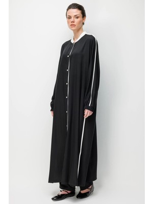 Micca %100 Doğal Lyocell Dökümlü Soft Hissiyat  Spor Bant Detaylı Maxi Tunik Ferace-Siyah