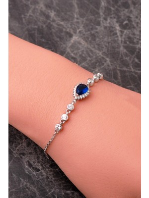 Sümer Telkari Damla Safir Taşlı Rodyumlu 925 Ayar Gümüş Bileklik 4922