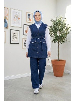 Kadın Taş Işlemeli Kuşaklı Yelek-Pantolon Koyu Kot Mavi Ikili Takım