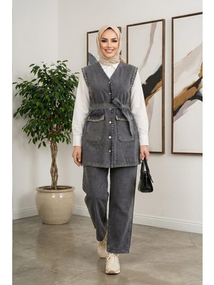 Kadın Taş Işlemeli Kuşaklı Yelek-Pantolon Siyah Kot Ikili Takım