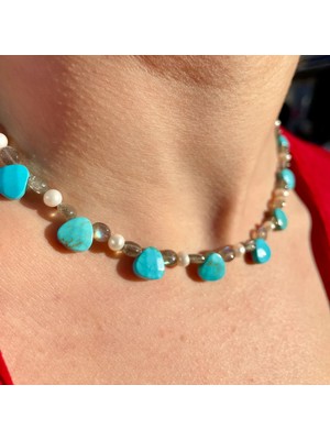 Doğaltaş Labradorit, Turkuaz & Inci – Özel Tasarım Kolye