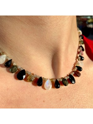 Doğaltaş Ay Taşı, Turmalin & Labradorit – Özel Tasarım Kolye