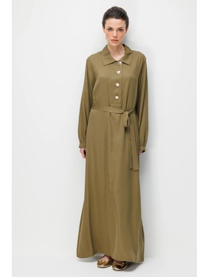 Micca %100 Doğal LyoCELL Dökümlü Soft Hissiyat SELL Düğme Kapama Özel Elbise-Haki
