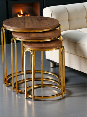 Lenka Zigon Sehpa Takımı Yuvarlak 3'lü Gold Metal -Koyu Ceviz Sedaş-Lenka-Zigon-Gold