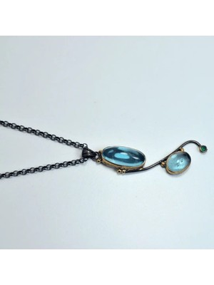 Doğaltaş Mavi Topaz ve Zümrüt Taşı Gümüş Kolye (Özel Seri)