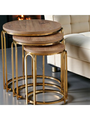 Lenka Zigon Sehpa Takımı Yuvarlak 3'lü Gold Metal - Açık Ceviz Sedaş-Lenka-Zigon-Gold