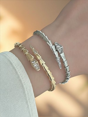 Qa Quella Accessories Rodyum B Serpenti  Yılan Tasarım Zirkon 14 Ayar Altın Kaplama Gümüş & Gold Esnek Bileklik - Gümüş