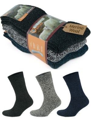 Gowith 3 Çift Norveç Tipi Yünlü Kalın Renkli Havlulu Yıkamalı Güçlendirilmiş Kışlık Termal Erkek Çorap 6042