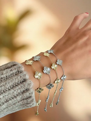 QA Quella Accessories Çelik   Yonca Küçük-Büyük Gümüş & 14K Gold Bileklik 15+6 cm - Büyük Gümüş