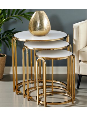 Lenka Zigon Sehpa Takımı Yuvarlak 3'lü Gold Metal - Beyaz Temperli Kırılmaz Cam Sedaş-Lenka-Zigon