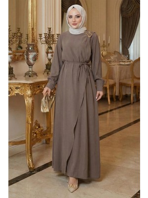 Toka Detaylı Bağlamalı Tesettür Elbise Vizon HM2887