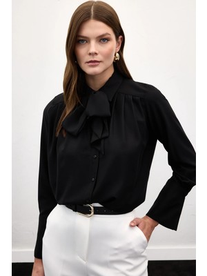 Sateen Fularlı Gömlek - Siyah