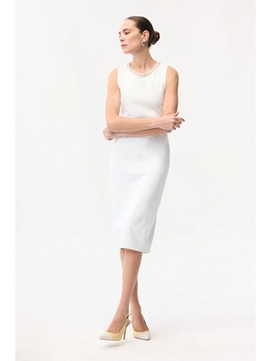 Adl Yakası Taş Detaylı Kolsuz Elbise Kemik 12446585000