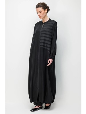 Micca %100 Doğal LyoCELL Dökümlü Soft Hissiyat Elişi Bant Detaylı Ferace-Siyah