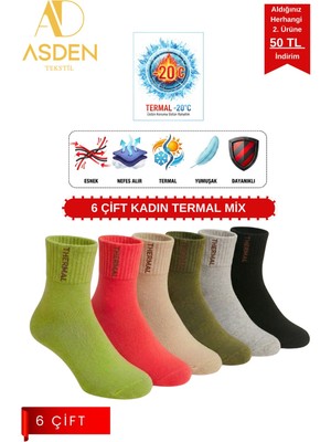 Asden Tekstil 6 Çift Kadın Termal Havlu Çorap - Kışlık Yumuşak - Premıum Pamuk - Burun Dikişsiz (Beyaz)
