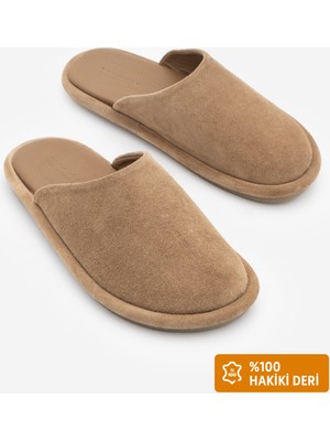 Marjin Kadın Hakiki Deri Önü Kapalı Sabo Günlük Terlik Luges Camel Süet