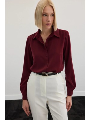 Sateen Düz Klasik Gömlek - Bordo