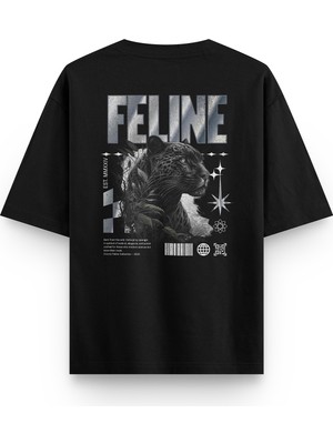 Overoz Feline Leopard Leopar Sırt Baskılı Yarı Oversize Unisex Siyah Tshirt 1401
