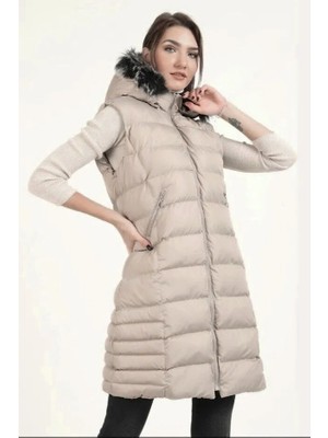 Dynamo Kadın Taş Renk Uzun Yelek Kapüşonlu Trend Tasarım 5003 Kolsuz Günlük Kullanım İçin