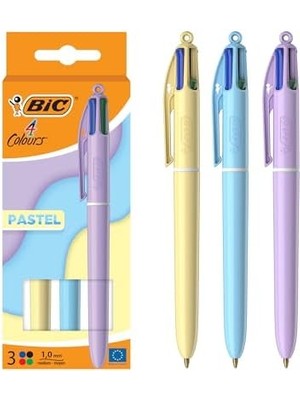 Skygo 4 Colours Pastel Gövde Tükenmez Kalem 3'lü Blister, 4 Farklı Renk (Mavi, Siyah,yeşil ve Kırmızı), 1.0 Mm. Uç