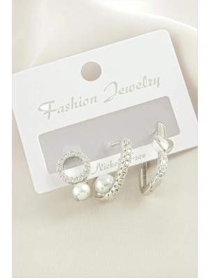 Renklime 3 Adet Kalp Inci Zirkon Taşlı Küpe