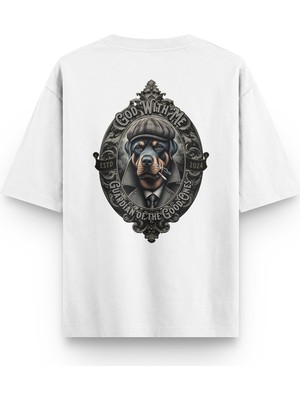 Overoz Guardian Dog Rottweiler Köpek Sırt Baskılı Yarı Oversize Unisex Beyaz Tshirt 1402