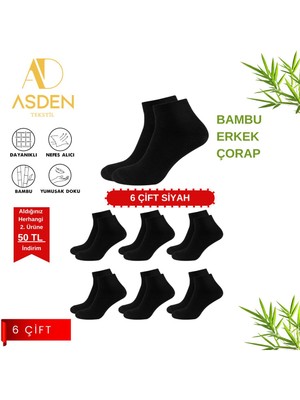 Asden Bambu Erkek Siyah Kısa Konç Çorap 6\'lı Paket, Yıkamalı, Burun Dikişsiz