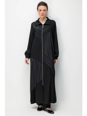 Micca %100 Doğal LyoCELL Dökümlü Soft Hissiyat Ara Garni Detay Ferace-Siyah