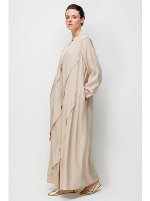 Micca %100 Doğal Lyocell Dökümlü Soft Hissiyat Ara Aller Volanlı Detay Ferace-Taş