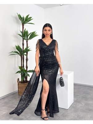 Mialora Kruvaze Yaka Omuz Boncuk Detaylı Püsküllü Maxi Kadın Elbise