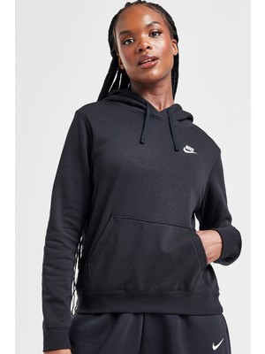 Nike Kapüşonlu Kadın Sweatshirt Siyah Fleece Desensiz Rahat Kesim Sezonluk Kullanım İçin