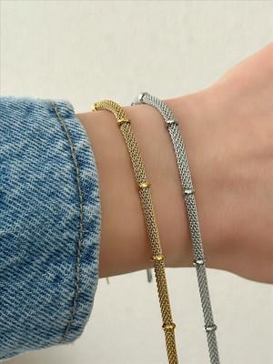 Qa Quella Accessories Çelik Hasır Topçuk Altın Kaplama Gümüş & Gold Bileklik 17+5 cm - Gümüş