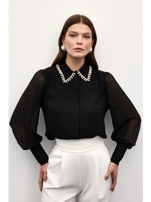 Sateen Aksesuar Yakalı Gömlek - Siyah